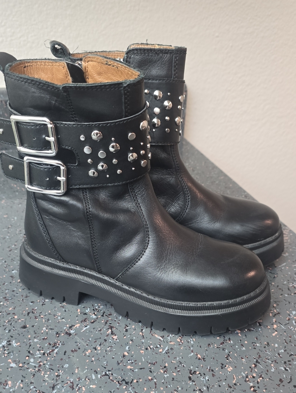 Zara Black Studded Buckle Combat Ankle Boots